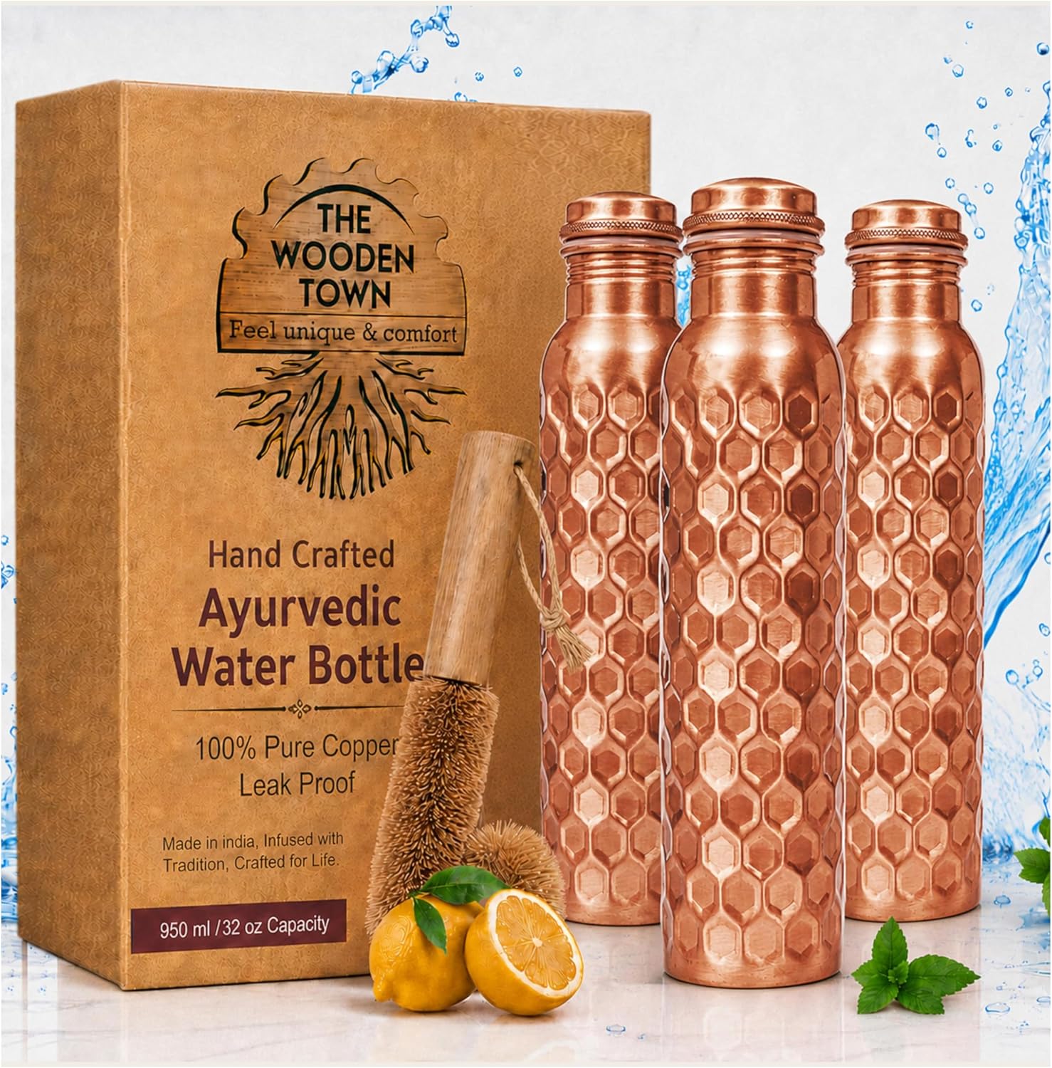 32oz Bakır Su Şişesi 3'lü Set, - Ayurvedic & Herbal Wellness Kits incelemesi ve fiyatı
